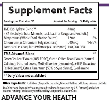 Official TM3 ADVANC3 Supplement Facts panel