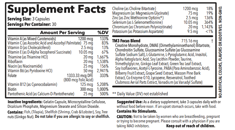 Official TM3 Focus Supplement Facts label