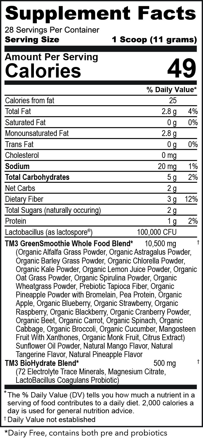 Official TM3 Green Smoothie Supplement Facts panel
