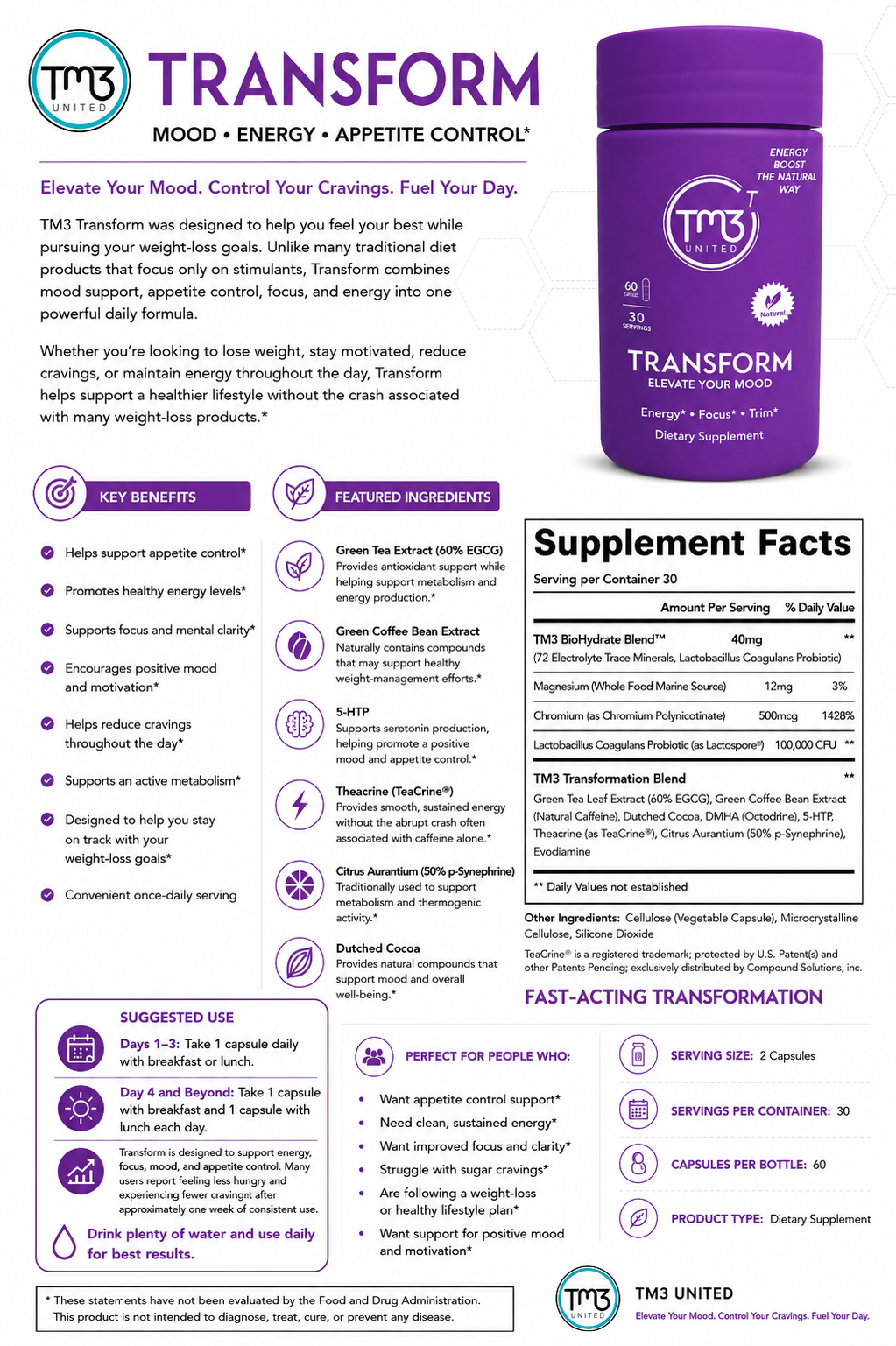 TM3 Transform product guide and Supplement Facts